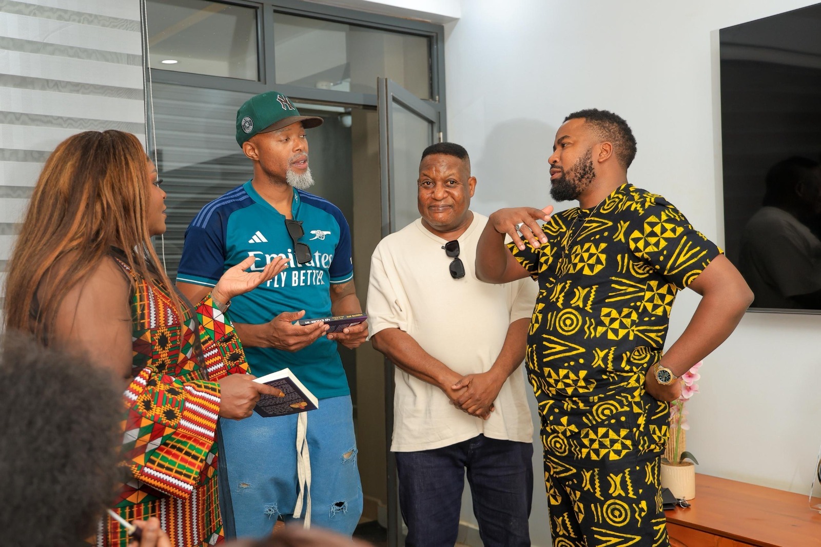South African actor Thapelo Makoena having a chat with Ugandan filmmakers, including Sam Bagenda, and Ambassador Rosa Malango, the Special Presidential Envoy for Tourism and Trade for Uganda, during his visit to Uganda earlier this year.